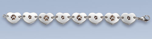 Armband mit 8 massiven Herzen mit Hundepfoten durch Ösen verbunden